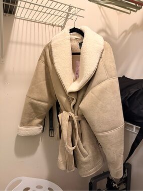 wild fable Cream Faux Shearling Belted Jacket